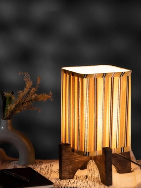Wooden Brown Base Lamp with pleeted Yellow Candyprint Soft Shade decorative ceiling fixture