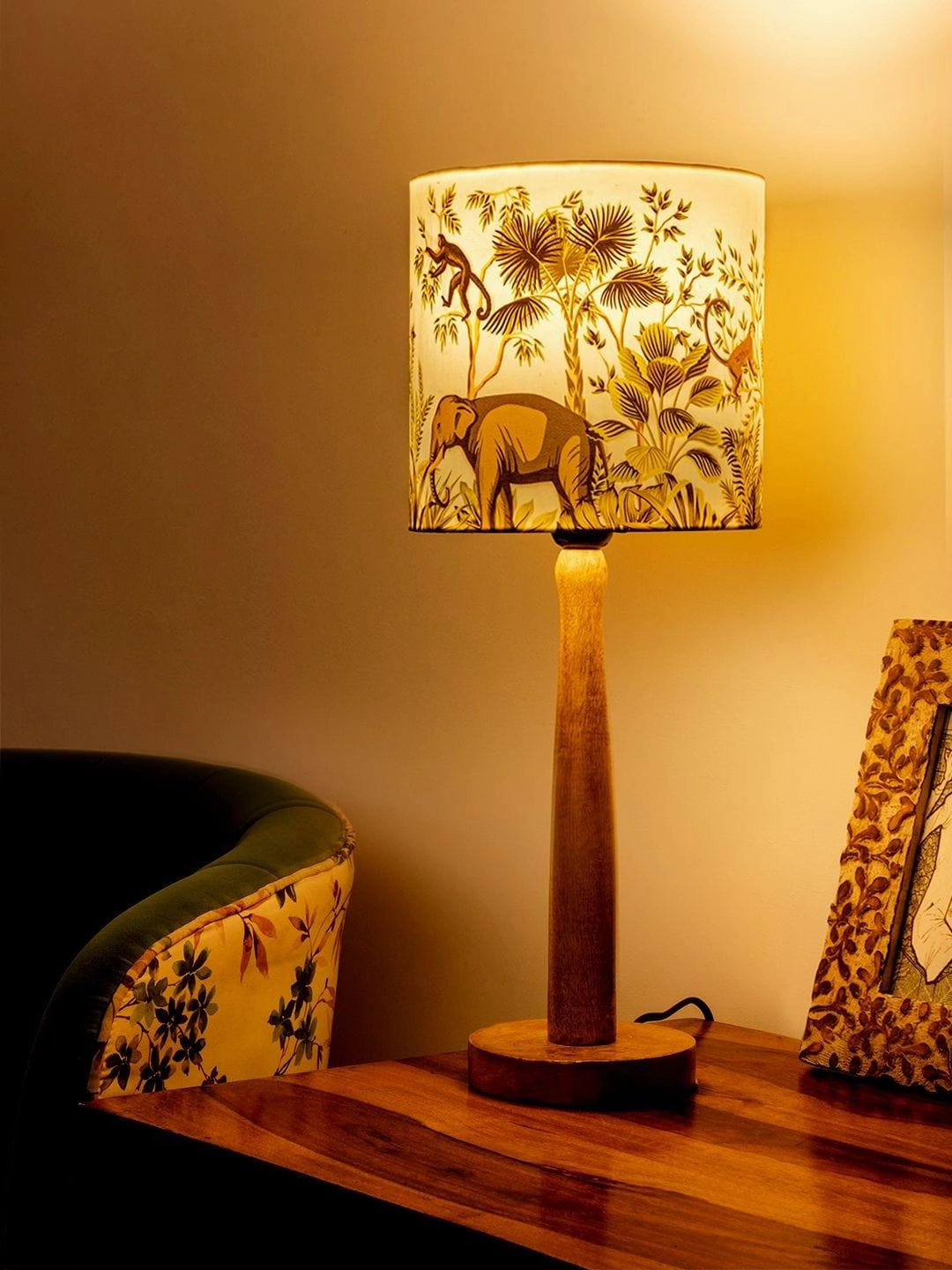 Wooden Brown Lamp with Jungle Print Shade decorative ceiling fixture