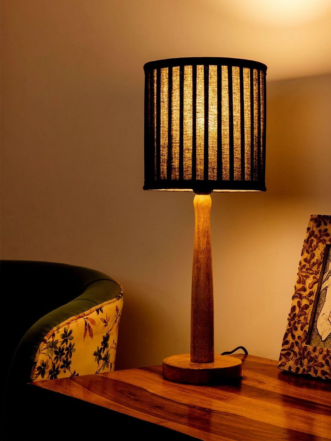 Wooden Brown Lamp with pleeted Balck Shade decorative ceiling fixture