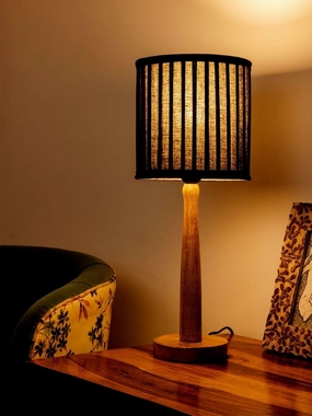 Wooden Brown Lamp with pleeted Balck Shade decorative ceiling fixture