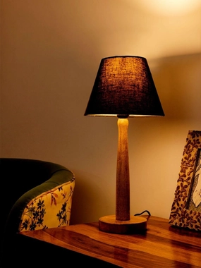 Wooden Brown Lamp with Taper Black Cotton Shade decorative ceiling fixture
