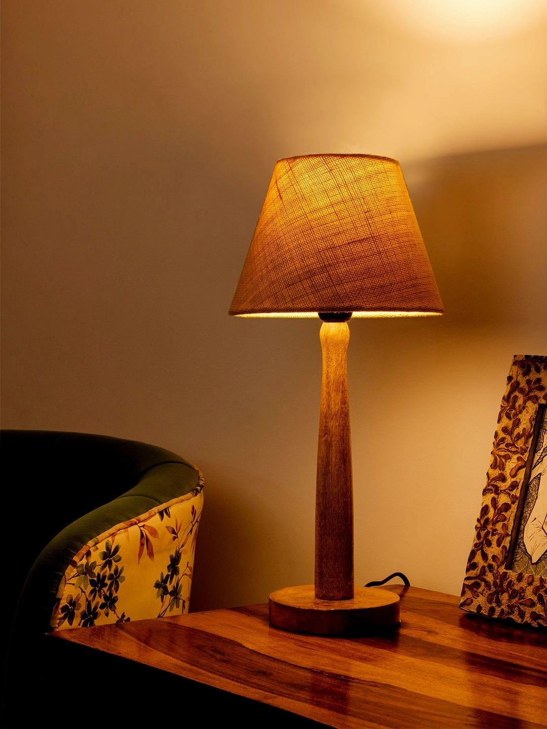 Wooden Brown Lamp with Taper White Jute Shade