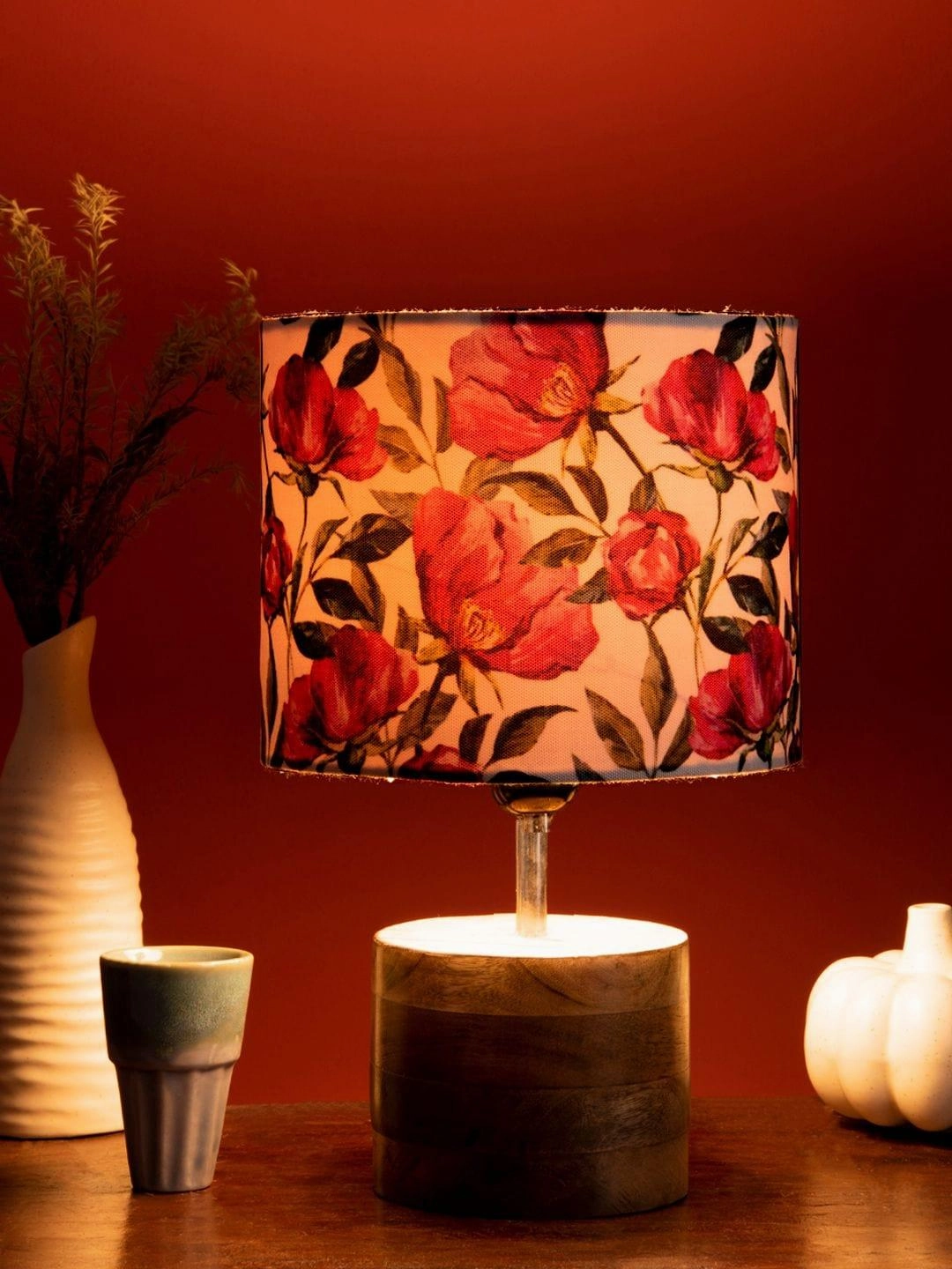 Wooden Brown Log Table Lamp with Pink Rose Shade decorative ceiling fixture