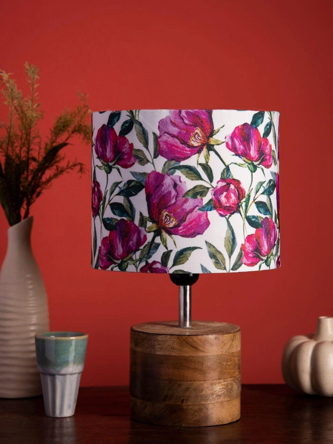 Wooden Brown Log Table Lamp with Pink Rose Shade