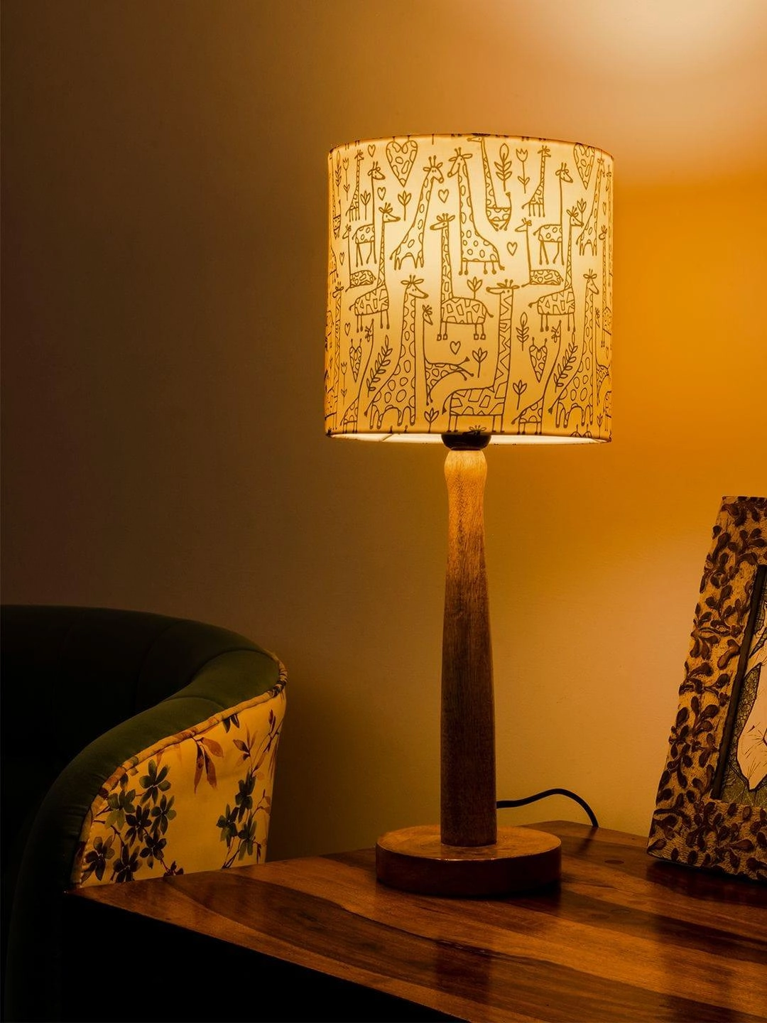 Wooden Brown Table Lamp with Animal Print Shade decorative ceiling fixture