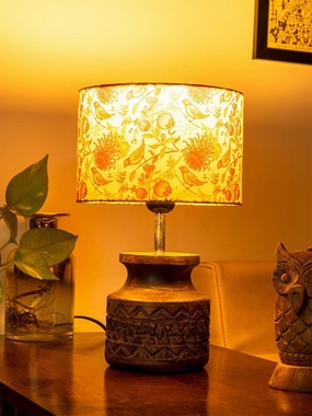 Wooden Carved Lamp with Birdy Multicolor Shade decorative ceiling fixture