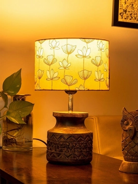 Wooden Carved Lamp with Mustard Flora Multicolor Shade decorative ceiling fixture