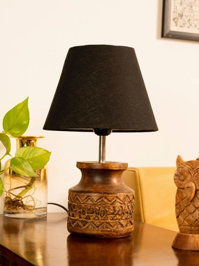 Wooden Carved Lamp with Taper Cotton Black Shade decorative ceiling fixture