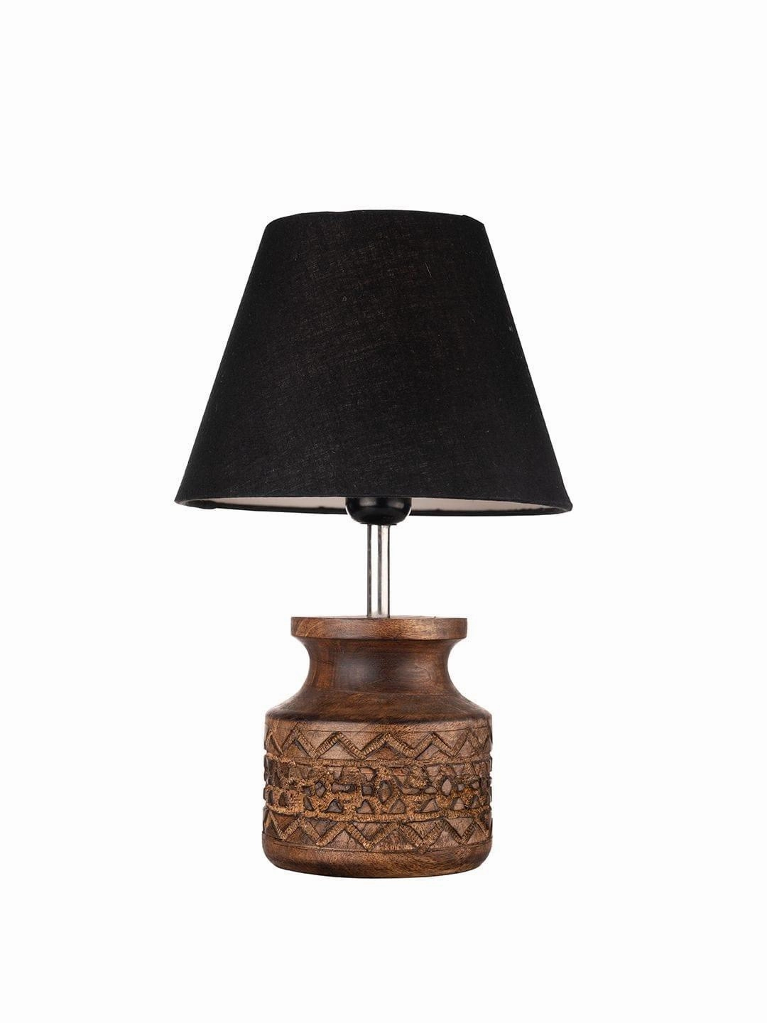Wooden Carved Lamp with Taper Cotton Black Shade