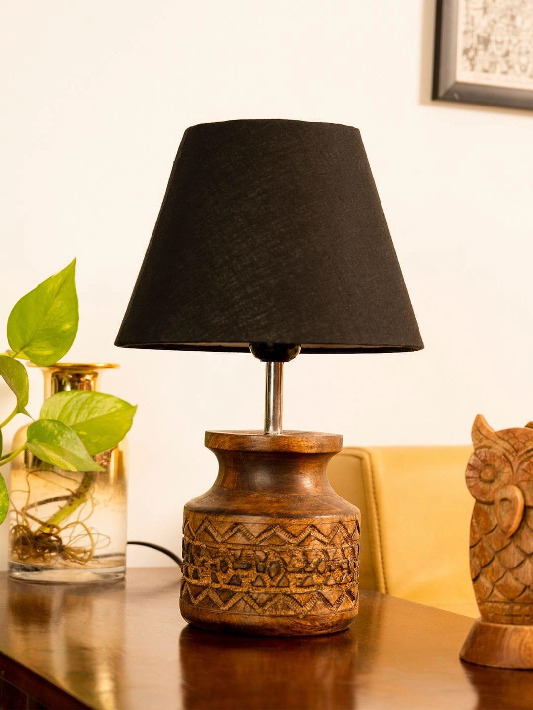 Wooden Carved Lamp with Taper Cotton Black Shade decorative ceiling fixture
