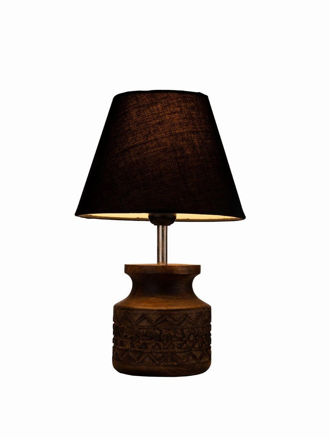 Wooden Carved Lamp with Taper Cotton Black Shade