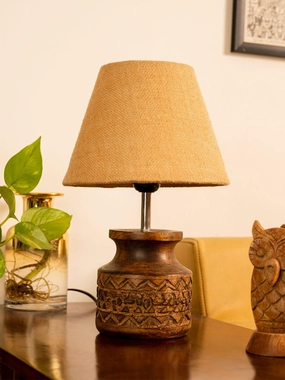 Wooden Carved Lamp with Taper Jute Brown Shade decorative ceiling fixture