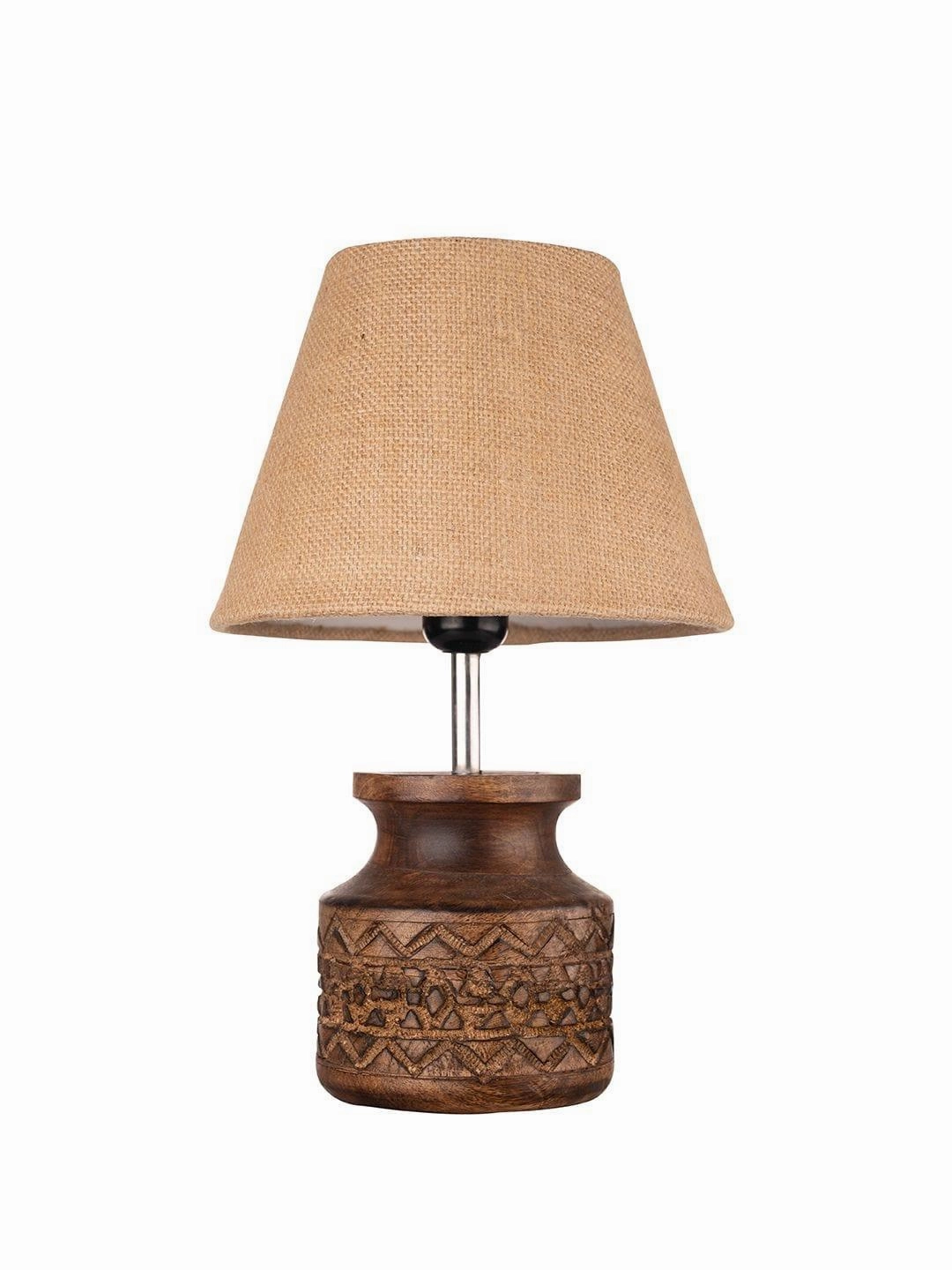 Wooden Carved Lamp with Taper Jute Brown Shade