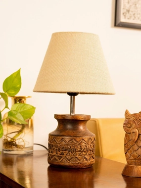 Wooden Carved Lamp with Taper Jute White Shade decorative ceiling fixture