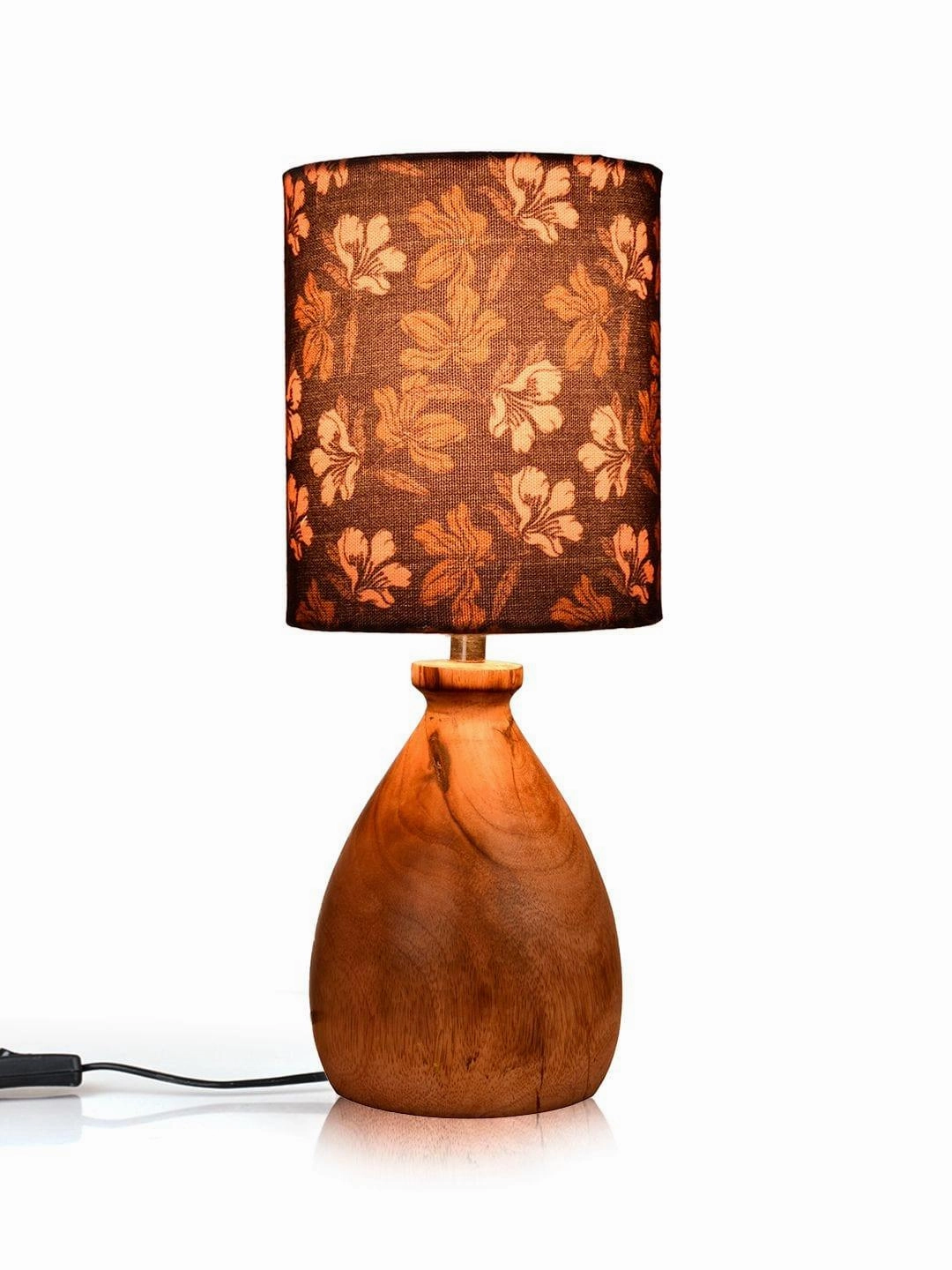 Wooden Dome Table Lamp Black Floral Shade