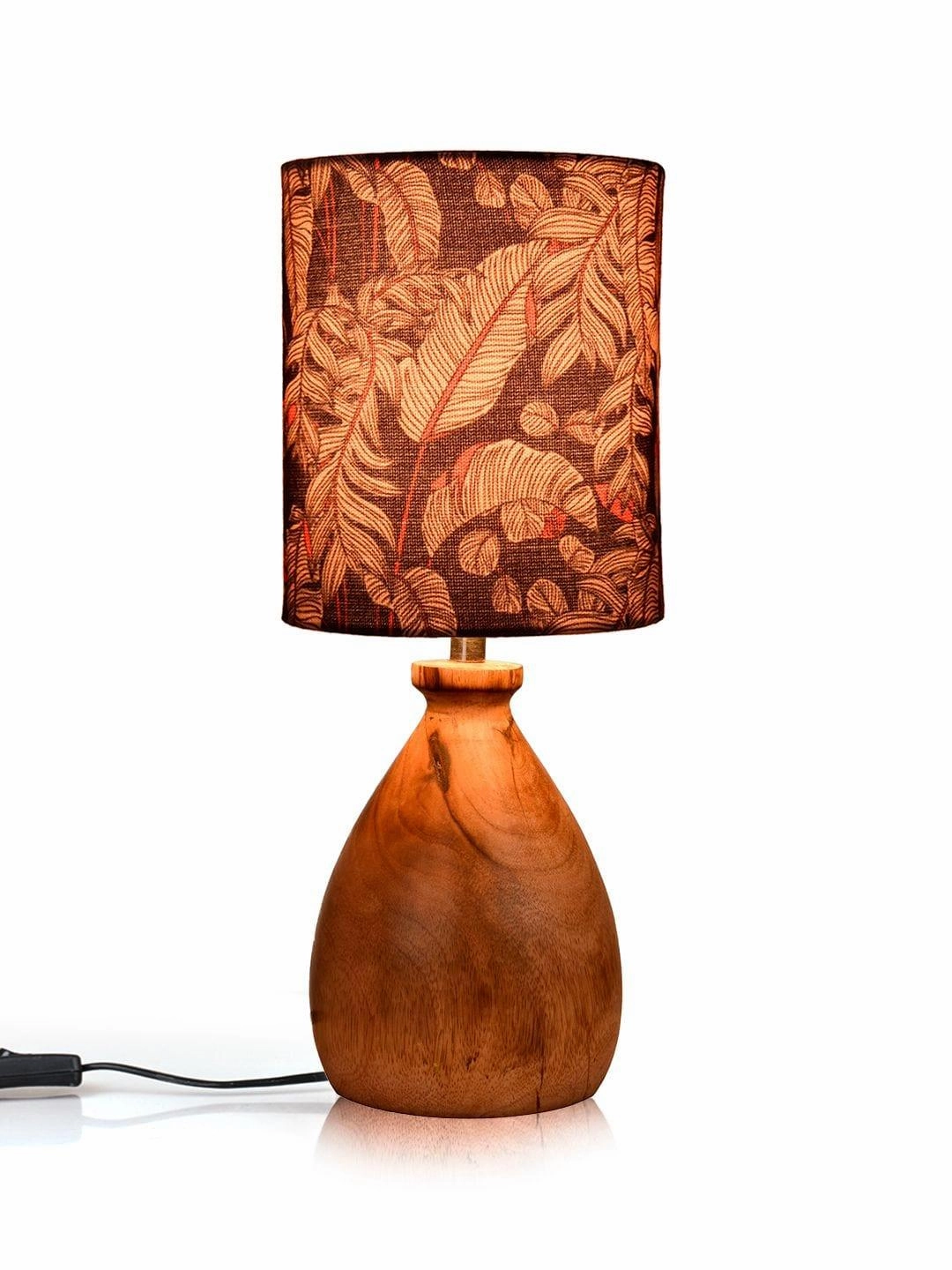 Wooden Dome Table Lamp Blue Leaves Shade