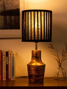 Wooden Firkin Lamp with Pleeted Cotton Black Shade decorative ceiling fixture
