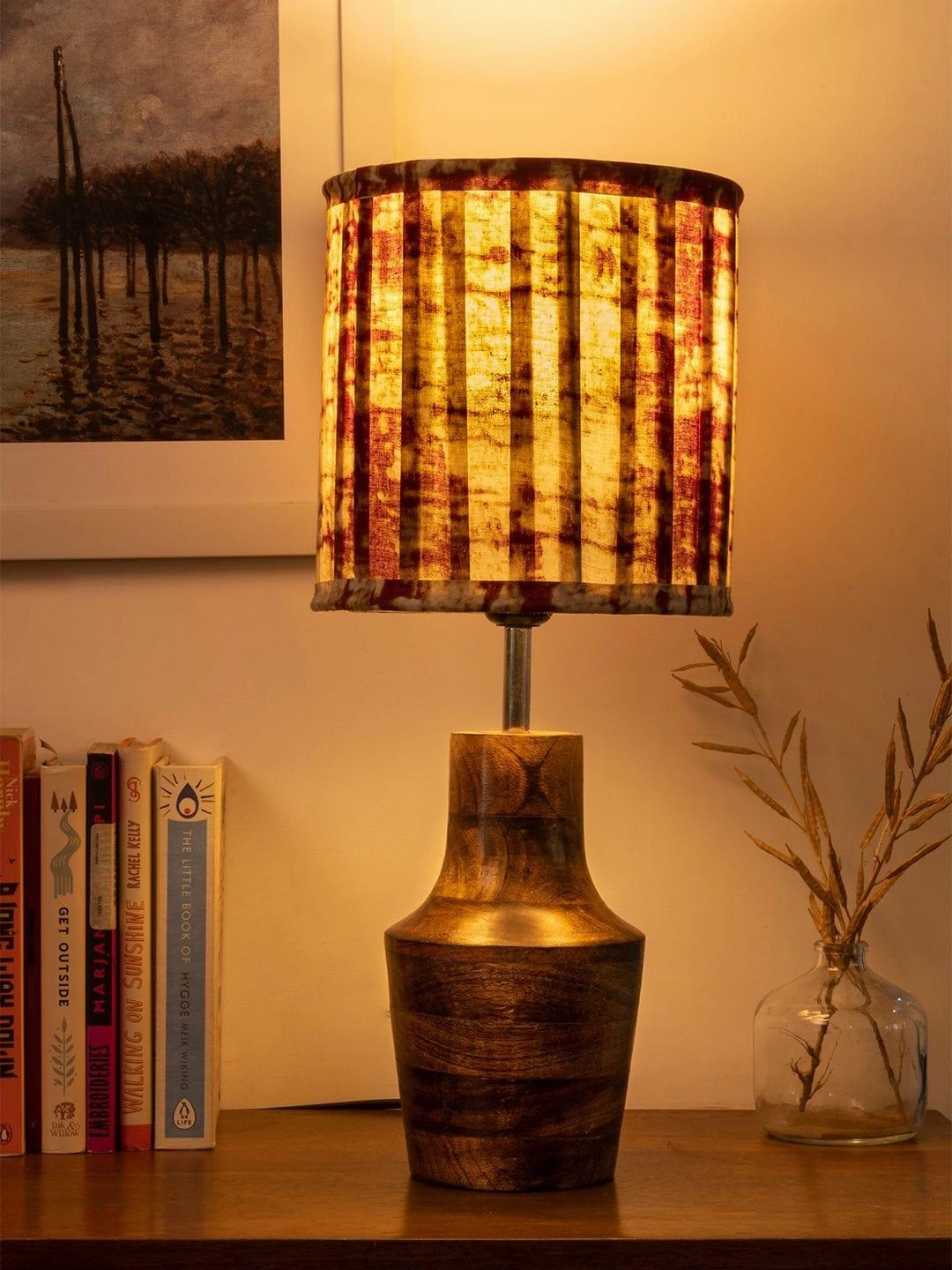Wooden Firkin Lamp with Pleeted Cotton White Shade