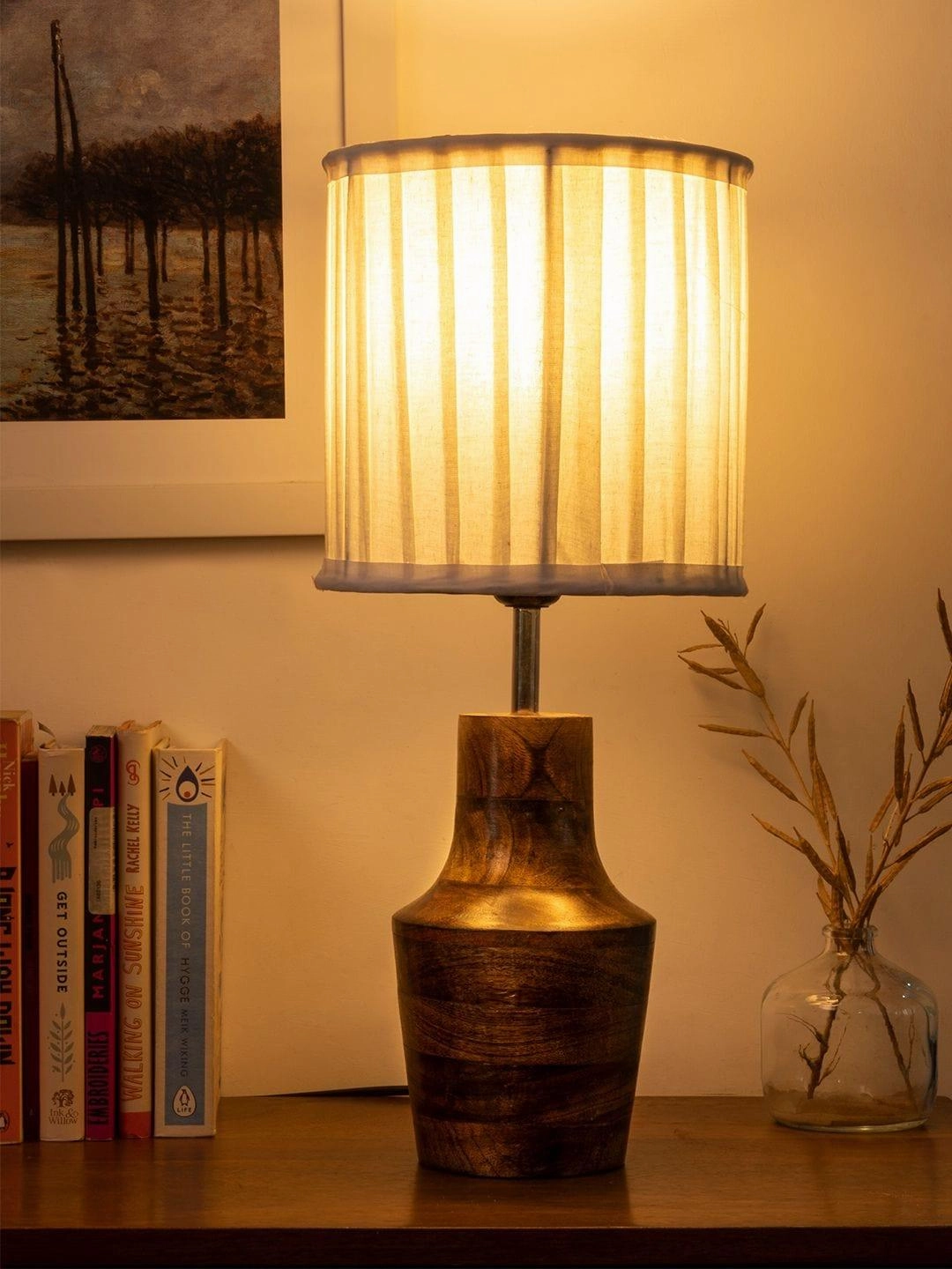 Wooden Firkin Lamp with Pleeted Cotton White Shade decorative ceiling fixture