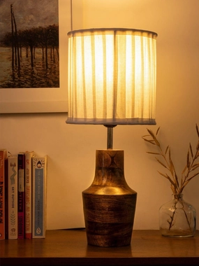 Wooden Firkin Lamp with Pleeted Cotton White Shade decorative ceiling fixture