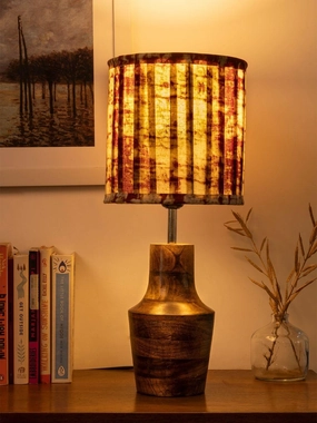 Wooden Firkin Lamp with Pleeted Multicolor Maroon Shade decorative ceiling fixture