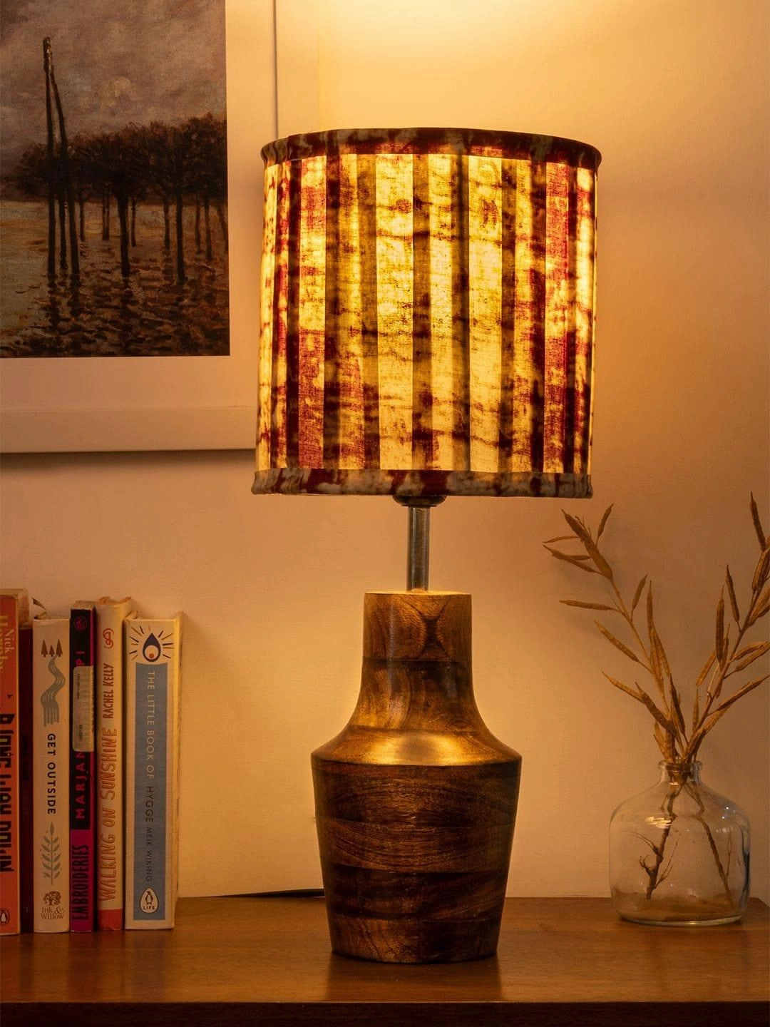 Wooden Firkin Lamp with Pleeted Multicolor Maroon Shade decorative ceiling fixture