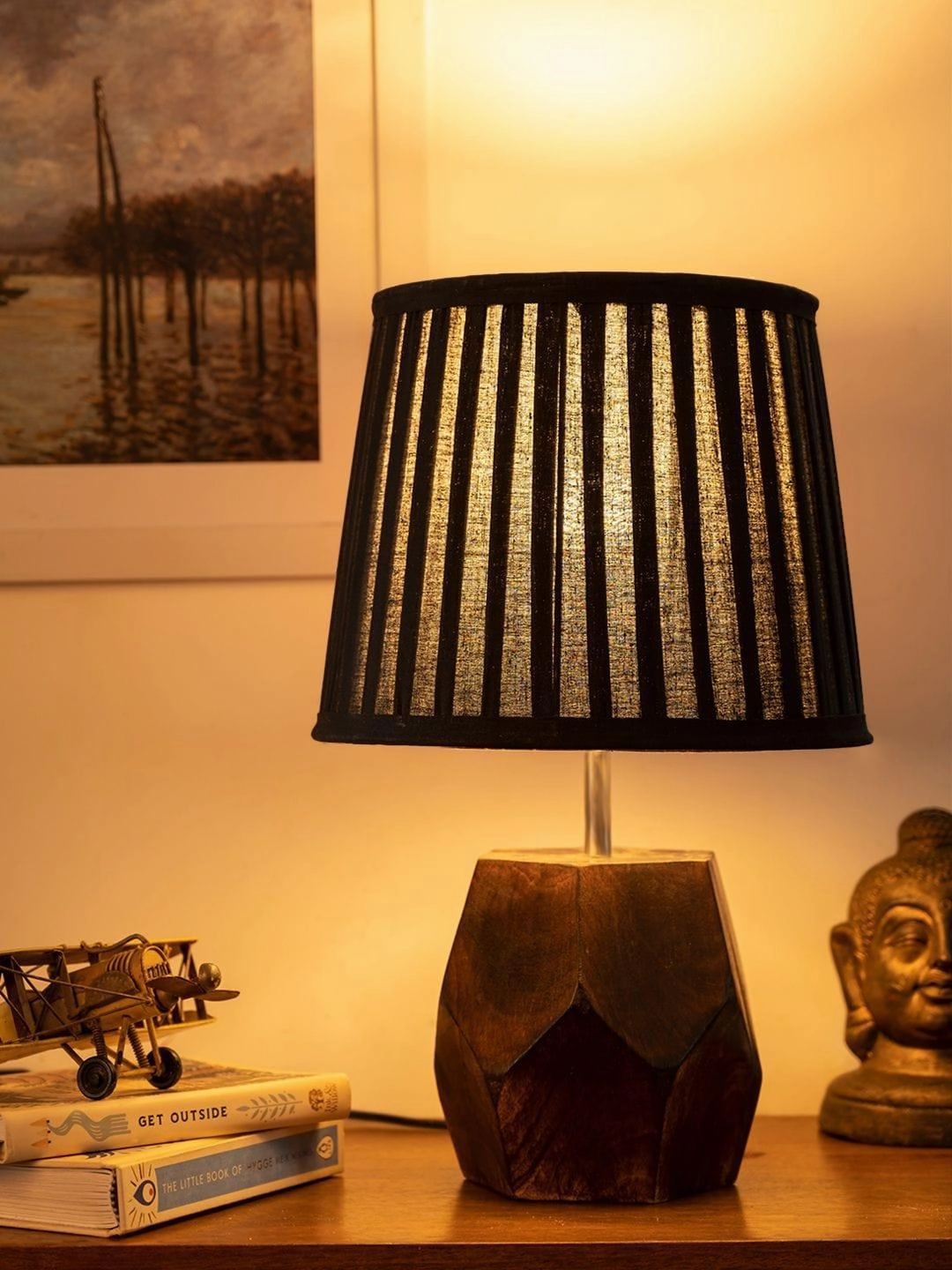 Wooden Hexa Lamp with Pleeted Cotton Black Shade decorative ceiling fixture