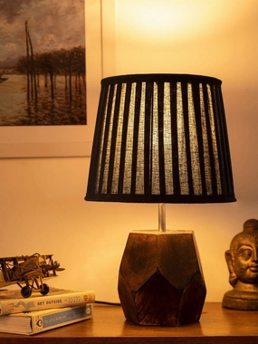 Wooden Hexa Lamp with Pleeted Cotton Black Shade decorative ceiling fixture