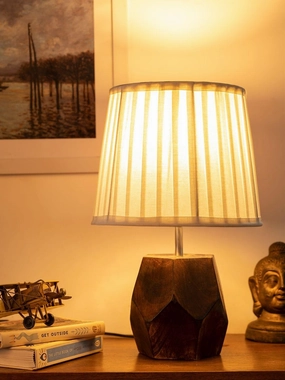 Wooden Hexa Lamp with Pleeted Cotton White Shade decorative ceiling fixture