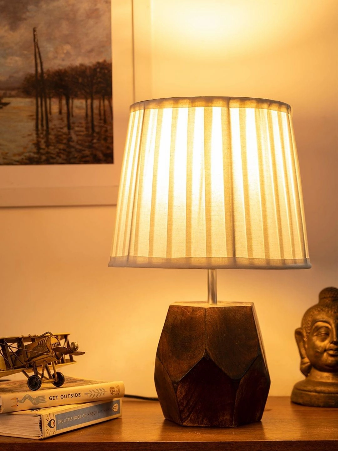 Wooden Hexa Lamp with Pleeted Cotton White Shade decorative ceiling fixture