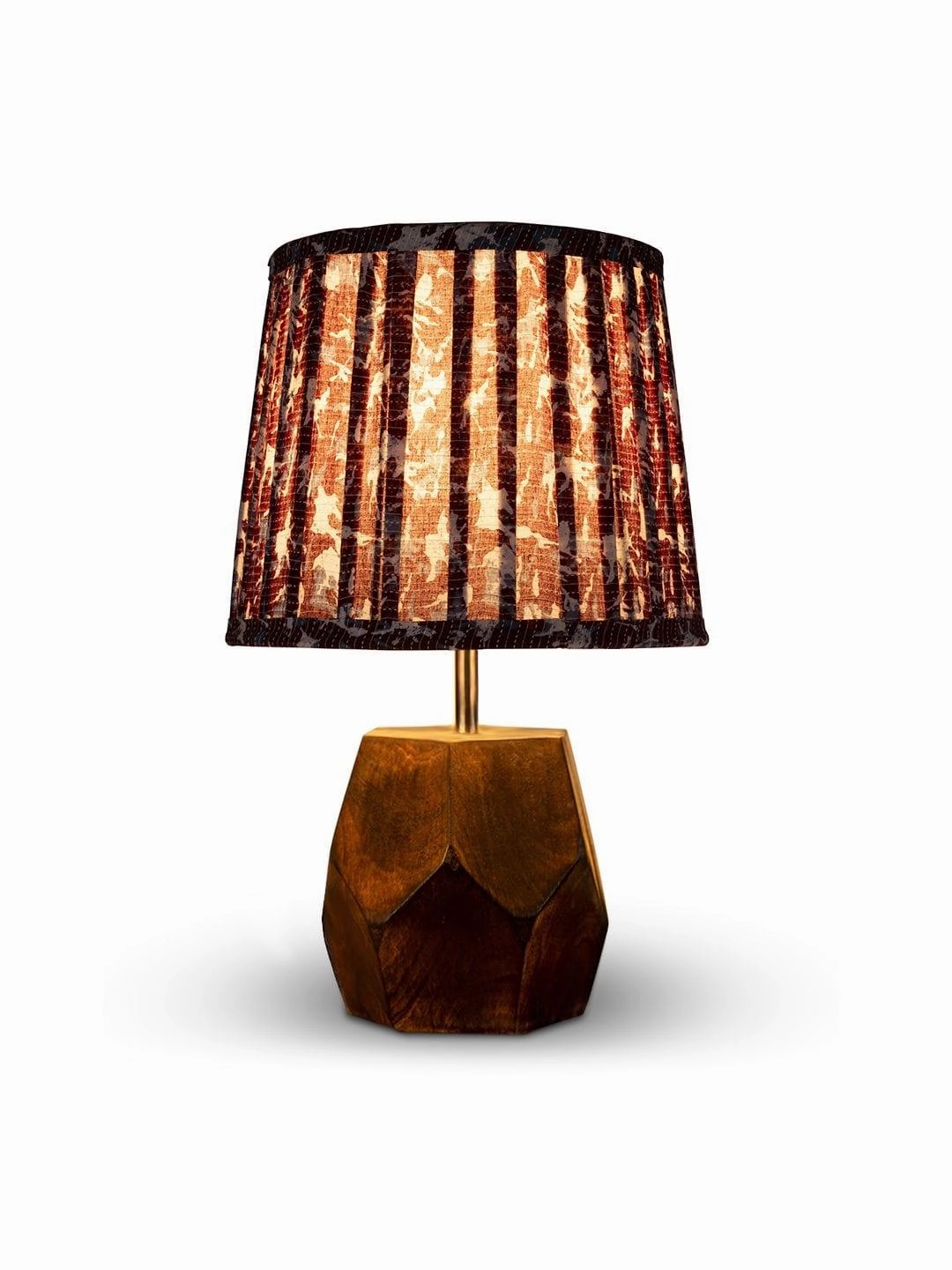 Wooden Hexa Lamp with Pleeted Multicolor Maroon Shade