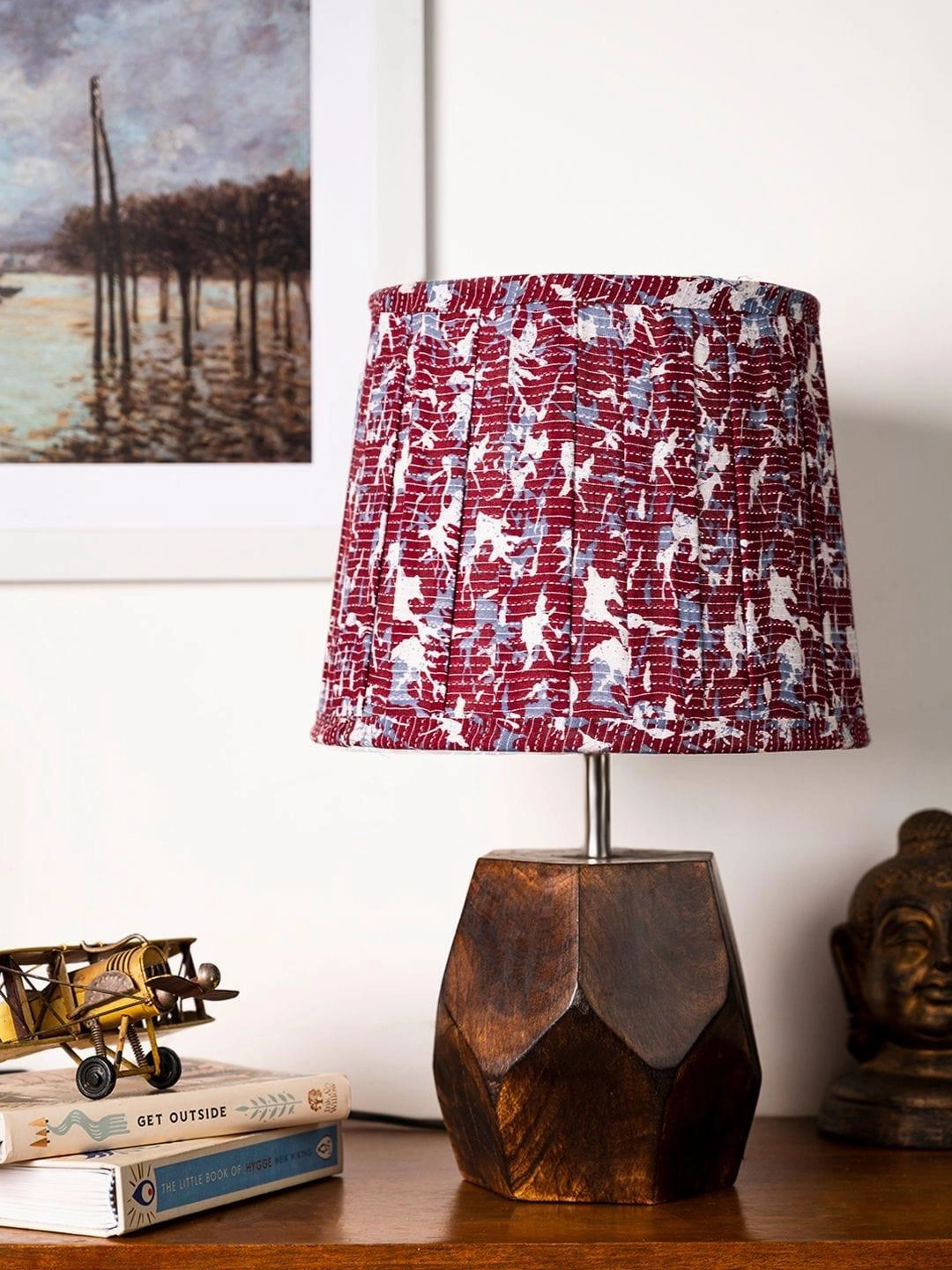 Wooden Hexa Lamp with Pleeted Multicolor Maroon Shade decorative ceiling fixture