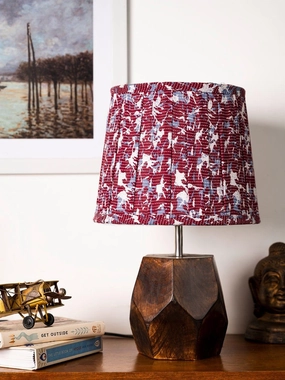 Wooden Hexa Lamp with Pleeted Multicolor Maroon Shade decorative ceiling fixture