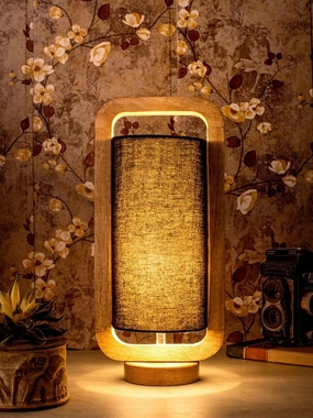Wooden Lantern Lamp with Black Cotton Shade decorative ceiling fixture