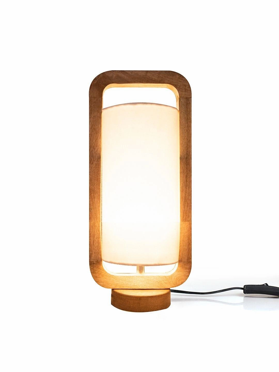 Wooden Lantern Lamp with White Cotton Shade