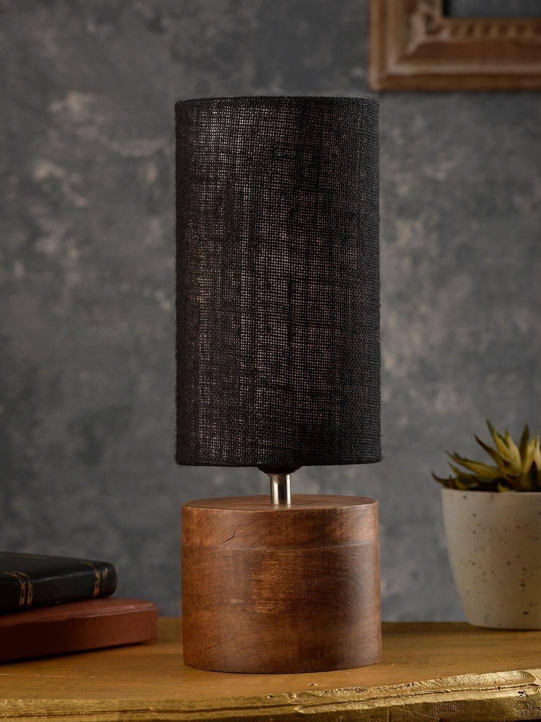 Wooden Log Table Lamp with Black Jute Shade