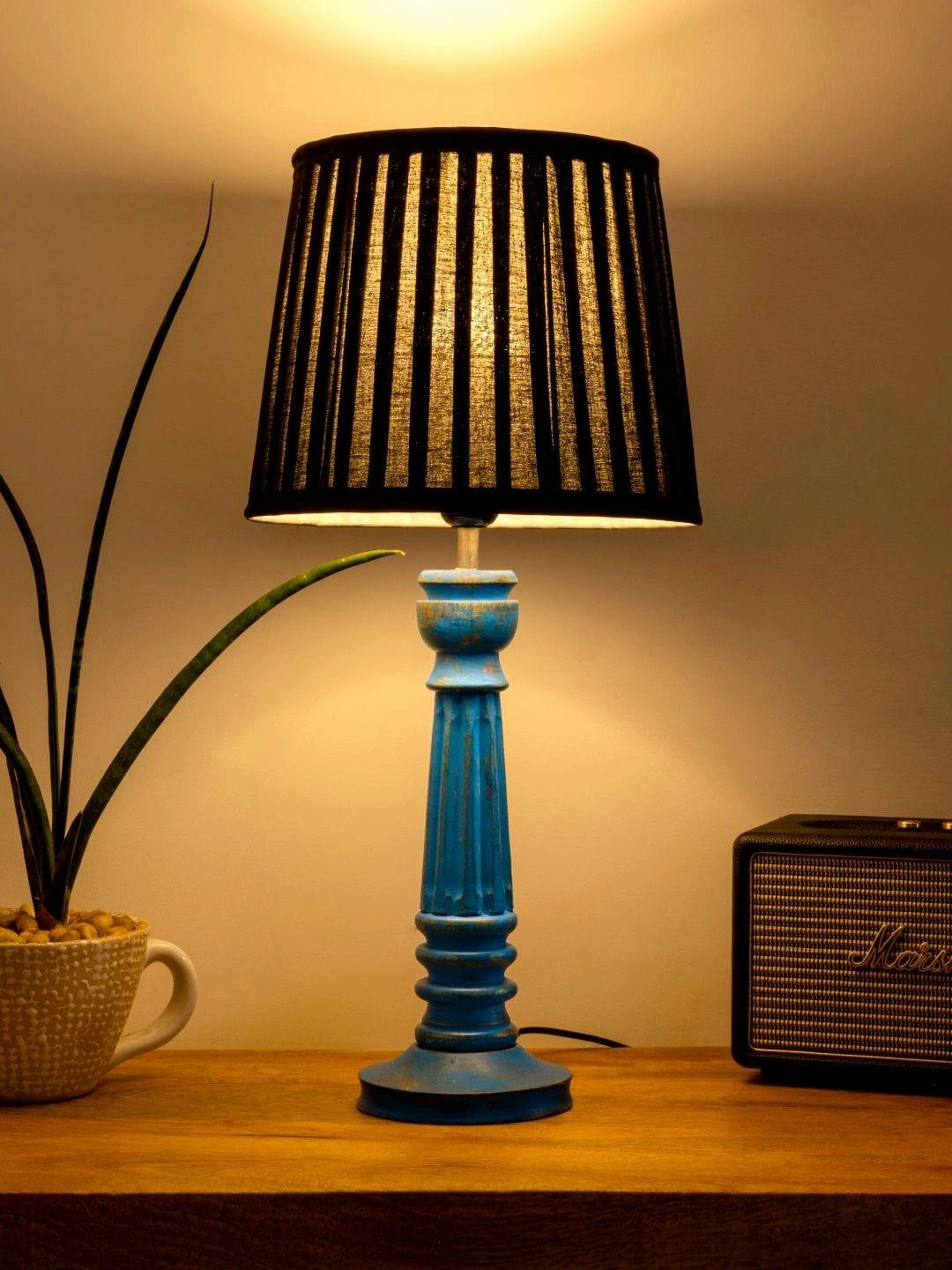 Wooden Pillar Blue lamp with pleeted Black Soft Shade decorative ceiling fixture