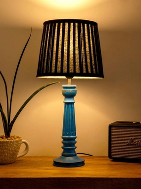 Wooden Pillar Blue lamp with pleeted Black Soft Shade decorative ceiling fixture