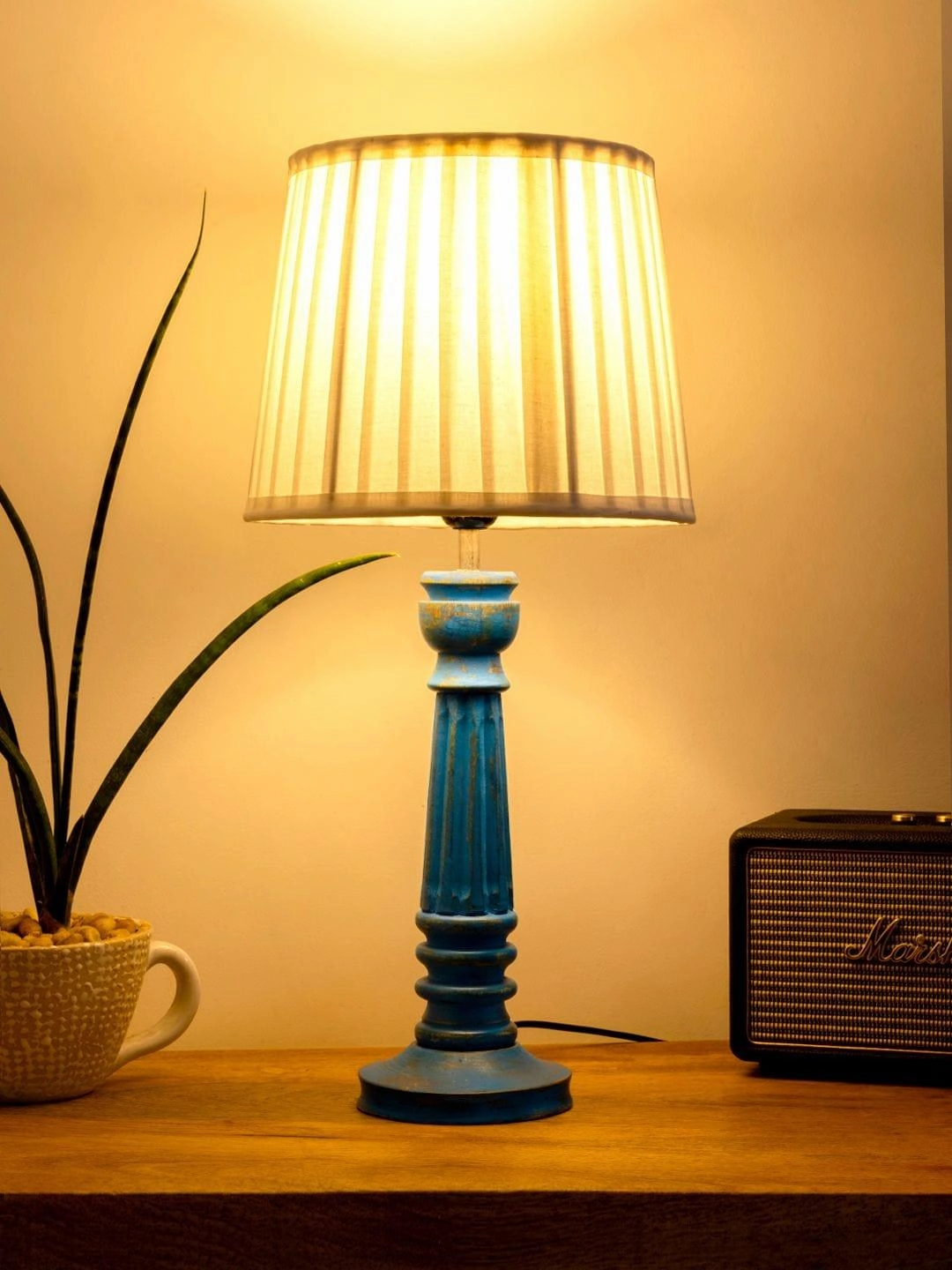 Wooden Pillar Blue lamp with pleeted White Soft Shade decorative ceiling fixture