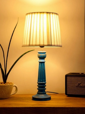 Wooden Pillar Blue lamp with pleeted White Soft Shade decorative ceiling fixture