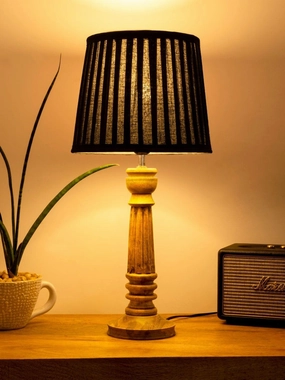 Wooden Pillar Brown lamp with pleeted Black Soft Shade decorative ceiling fixture