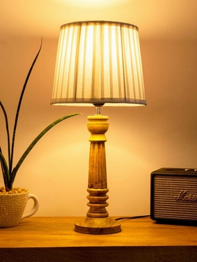 Wooden Pillar Brown lamp with pleeted White Soft Shade decorative ceiling fixture