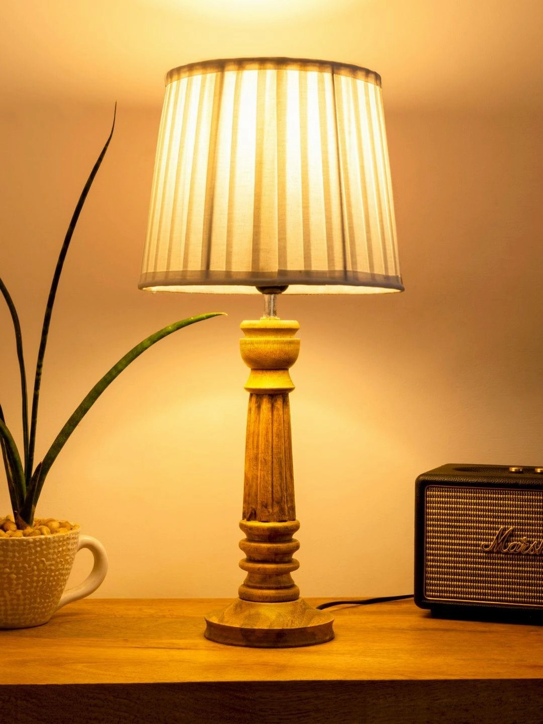 Wooden Pillar Brown lamp with pleeted White Soft Shade decorative ceiling fixture