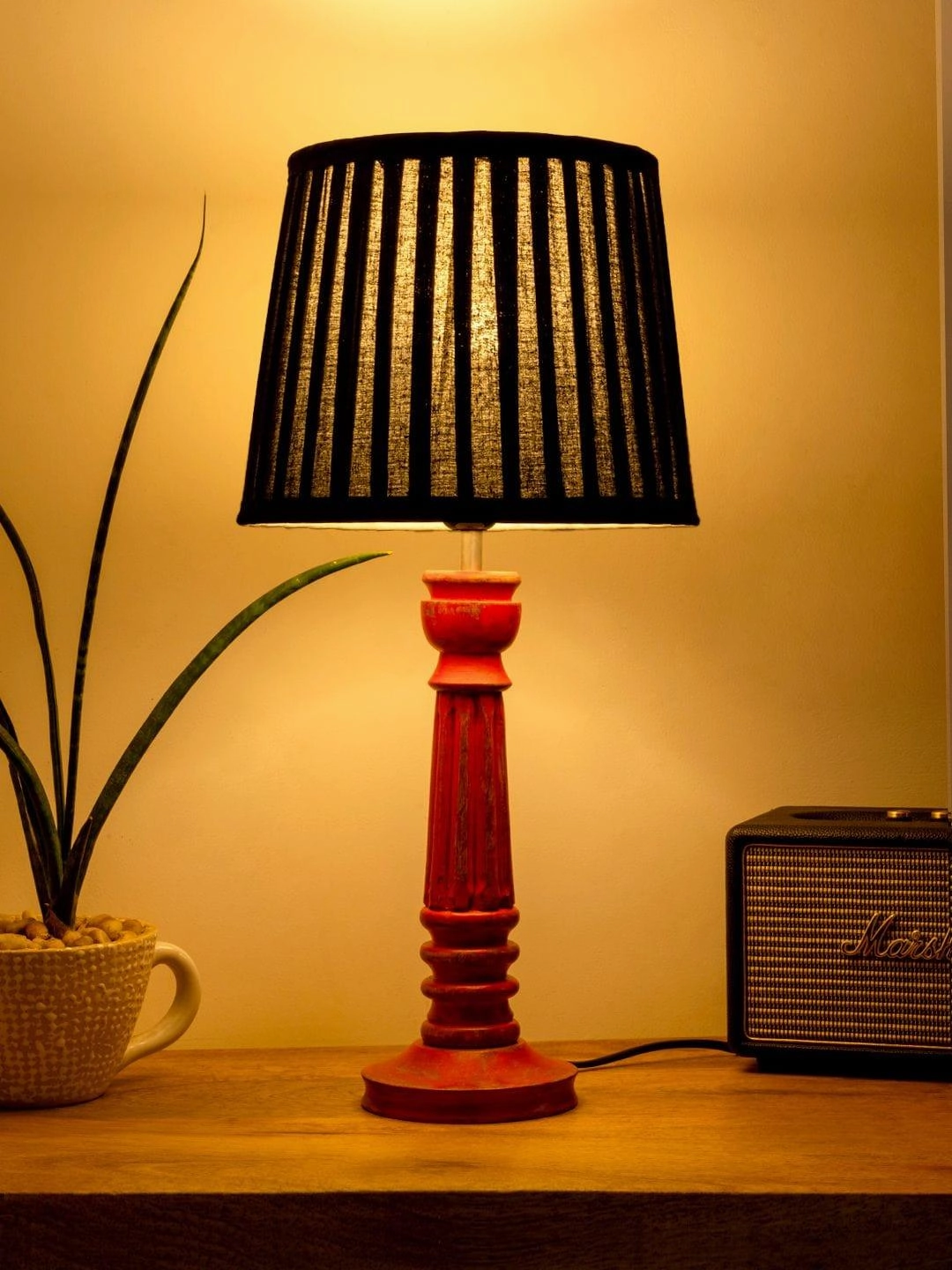 Wooden Pillar Pink lamp with pleeted Black Soft Shade decorative ceiling fixture