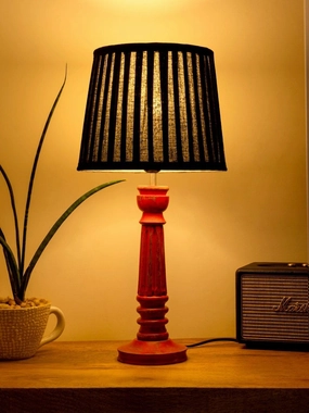 Wooden Pillar Pink lamp with pleeted Black Soft Shade decorative ceiling fixture