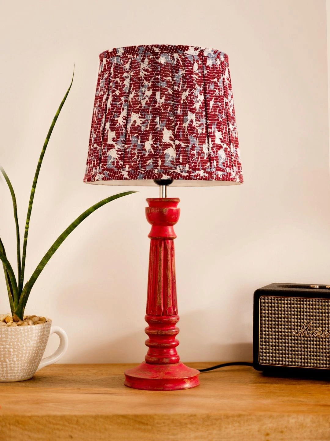 Wooden Pillar Pink lamp with pleeted Colorful Soft Shade