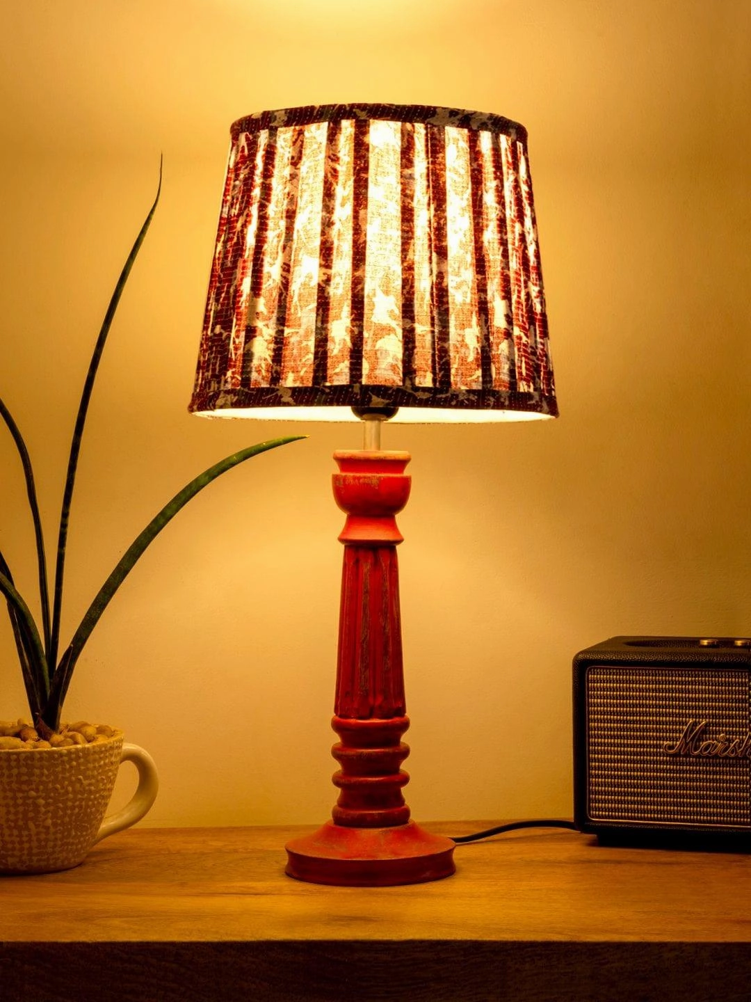 Wooden Pillar Pink lamp with pleeted Colorful Soft Shade decorative ceiling fixture