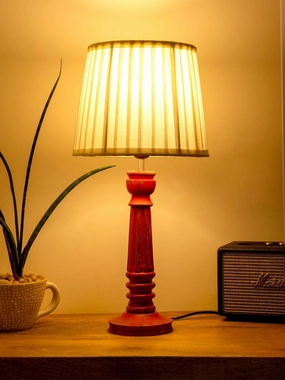 Wooden Pillar Pink lamp with pleeted White Soft Shade decorative ceiling fixture