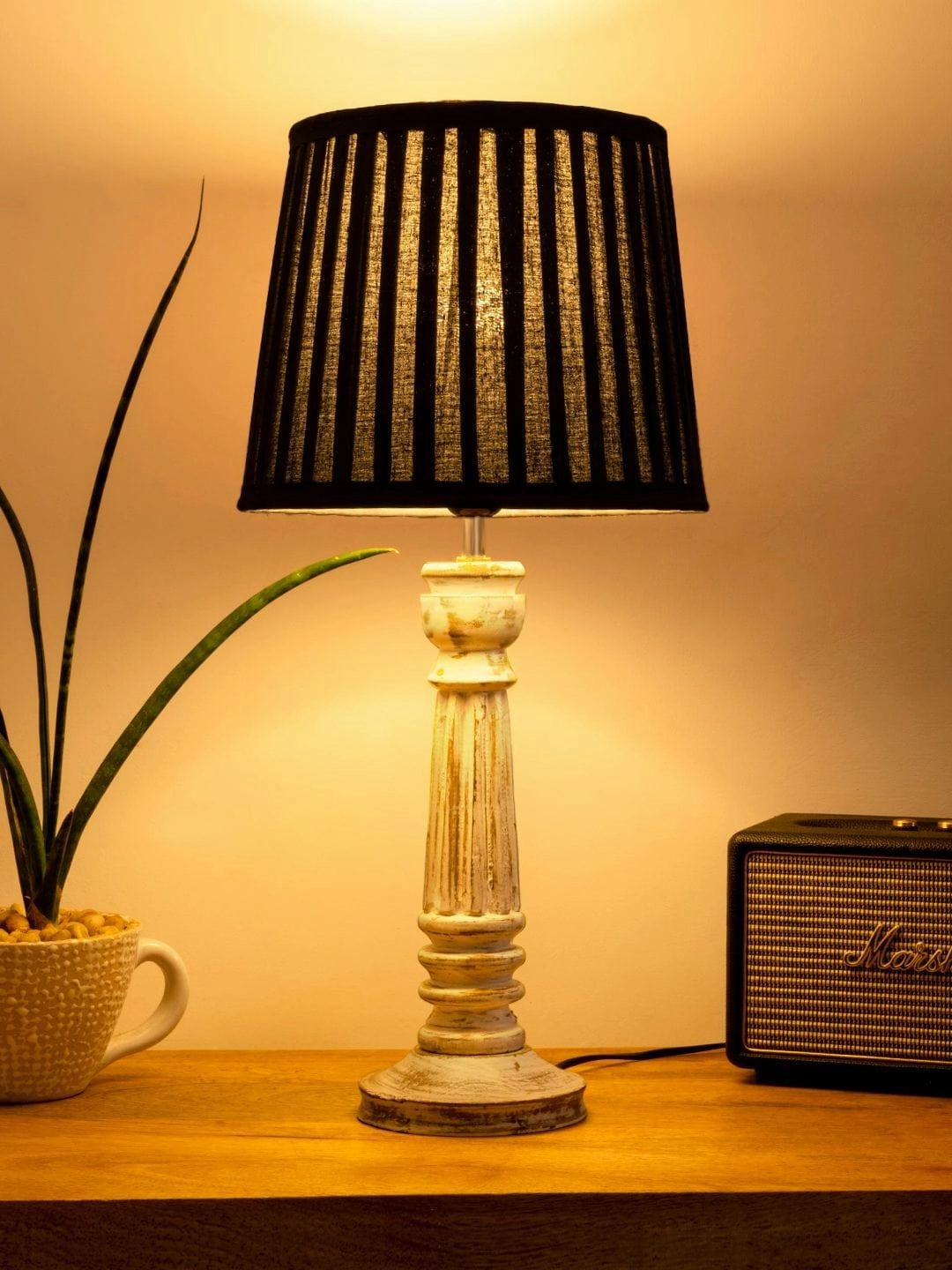 Wooden Pillar White lamp with pleeted Black Soft Shade decorative ceiling fixture