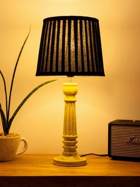 Wooden Pillar Yellow lamp with pleeted Black Soft Shade decorative ceiling fixture